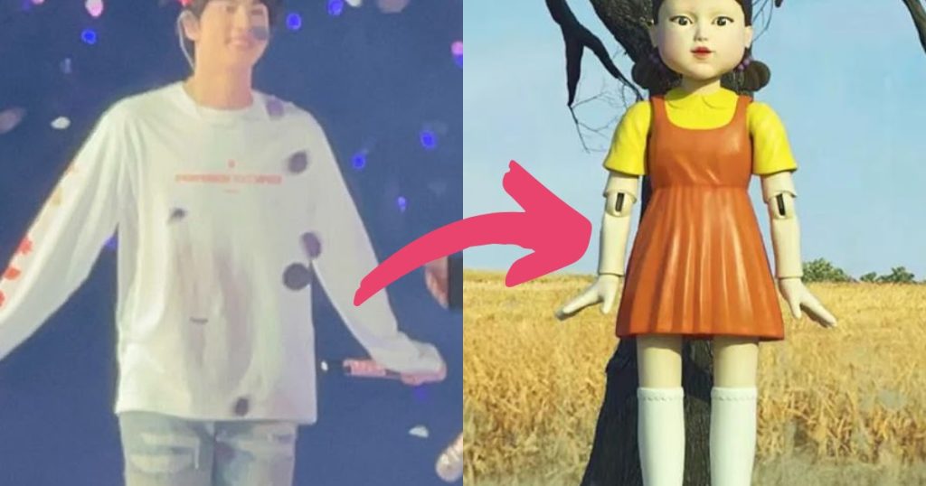 Jin de BTS surprend les fans avec une petite référence à Younghee dans « Squid Game » pendant « PERMISSION TO DANCE ON STAGE ».